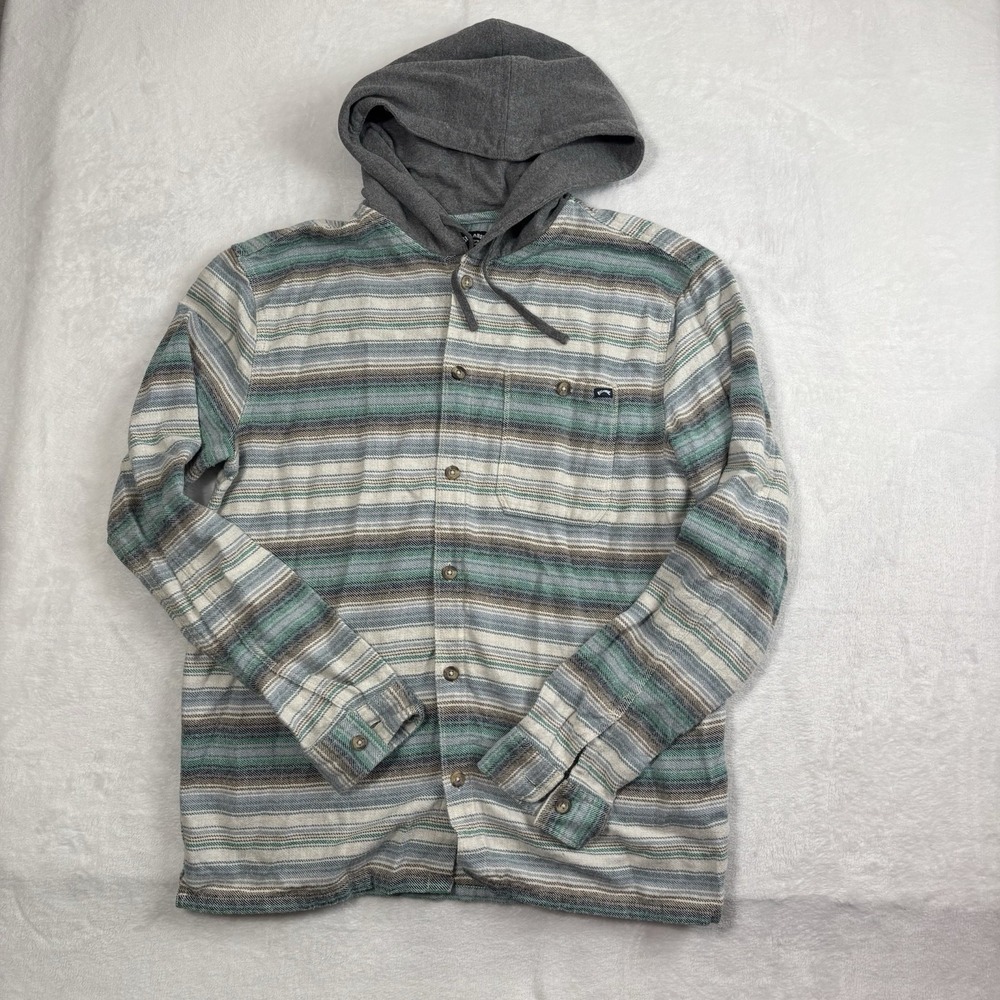 Y2K Billabong Button Up Long Sleeve Flannel Hoodie Shirt Men's Large Fits Medium